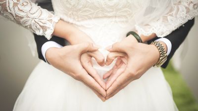 Hands together, Love heart, Wedding outfit, Couple, Bride, Bridegroom, Marriage