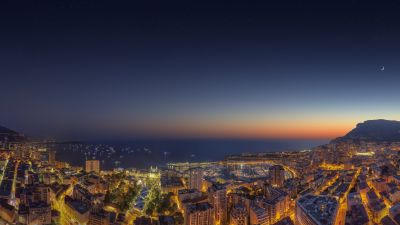 Monaco Yacht Show, Cityscape, City lights, Night time, Ocean, Seascape, Sunset, Crescent Moon, Starry sky