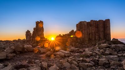 Bombo Headland Quarry, Sunrise, Australia, Geological Site, Blue Sky, Sun rays, Tourist attraction, Clear sky, Rocks, 5K