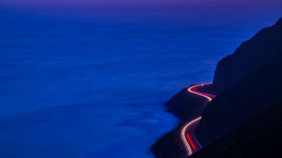 Pacific Coast Highway, California, Car lights, Long exposure, Seascape, Dusk, Sunset, Blue Ocean, Purple sky, Mountain range, Silhouette, 5K