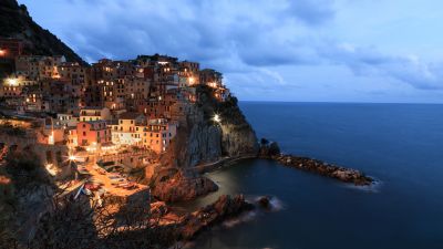 Manarola, Seaside village, Cinque Terre, Italy, Seascape, City lights, Dusk, Tourist attraction, Clouds, Long exposure