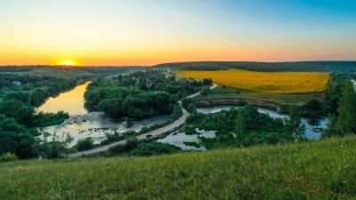 River, Countryside, Landscape, Sunset Orange, Horizon, Green Trees, Grass, Farm Land