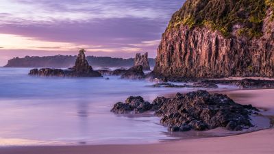 Cathedral Rocks, Australia, Volcanic Sea Stack, Rock formations, Rocky coast, Sunrise, Cliff, Landscape, Tourist attraction, Purple sky, Long exposure, 5K