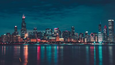 Chicago, Night, City lights, Cityscape, Reflections, Skyline, 5K