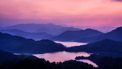 Mountain range, Pink sky, Sunset, Dusk, Lakes, Landscape, 5K, 8K