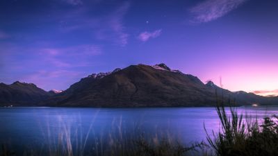 Lake Wakatipu, New Zealand, Mountain, Stars, Sunset, Dusk, Purple sky, Landscape, 5K