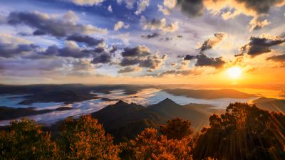 Mount Warning, Australia, Landscape, Cloudy Sky, Sunset, Mountain range, Foggy, Sun rays, Aerial view