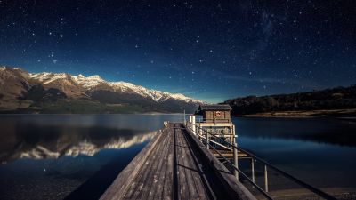 Lake Wakatipu, Pier, New Zealand, Mountain range, Snow covered, Reflection, Glacier mountains, Wooden House, Starry sky, Landscape, Scenery