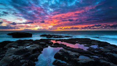 Rocky coast, Cape Arago, Sunset, Seascape, Long exposure, Sea waves, Cloudy Sky, Evening, Landscape, Scenery, Horizon, 5K