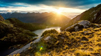 Fiordland, New Zealand, Sunrise, Mountain View, Mountain range, Landscape, Clouds, Sun rays, Northwest Lakes