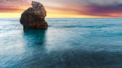 Lefkada Island, Greece, Milos Beach, Sunset, Seascape, Lone rock, Orange sky, Horizon, Long exposure, Scenery