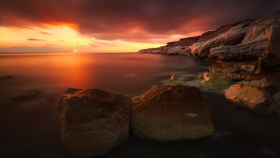 Rocky coast, Sunset, Seascape, Body of Water, Cliff, Long exposure, Horizon, Orange sky