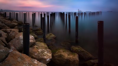 Rocky coast, Sunrise, Early Morning, Seascape, Long exposure, Horizon, Pattern, Boats, Body of Water