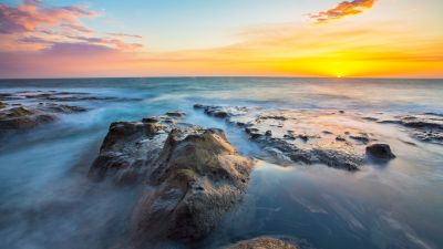 Rocky coast, Sunset, Seascape, Sunset Orange, Horizon, Clear sky, Long exposure, Ocean blue