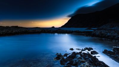 Rocky coast, Bremanger, Norway, Twilight, Sunset, Long exposure, Mountain, Dusk, Body of Water, Landscape, Night time