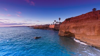 Sunset Cliffs, Seascape, Rocky coast, Ocean view, Clear sky, Dusk, Scenic