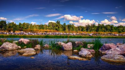 Gheraiesti Park, Bacau city, Romania, Rocks, Landscape, Blue Sky, Clouds, Reflection, High Dynamic Range, HDR, Green Trees, Lacustrine