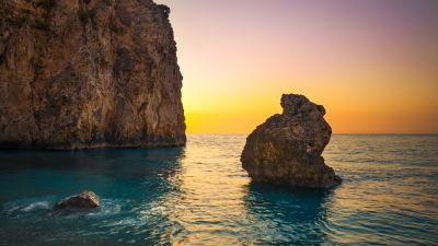 Milos Beach, Greece, Lefkada Island, Lone rock, Sunset Orange, Clear sky, Cliff, Horizon, Seascape, Water waves, Ocean blue