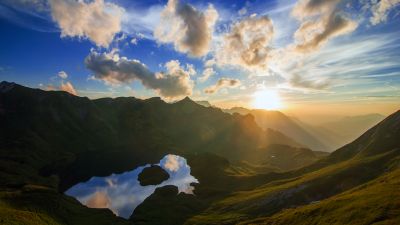 Schrecksee Lake, Germany, Sunset, Mirror Lake, Hinterstein, Landscape, Reflection, Sun rays, Mountain range, White Clouds