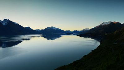 Lake Wakatipu, Evening sky, Queenstown, New Zealand, Landscape, Mountain range, Glacier mountains, Snow covered, Dusk, Reflection, Clear sky, Evening sky