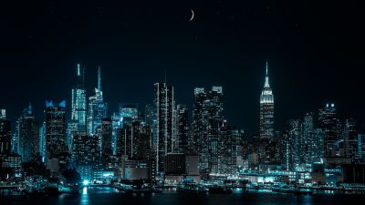 New York City, Half moon, Cityscape, Night, City lights, 5K