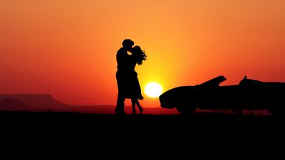 Couple, Car, Romantic kiss, Sunset, Silhouette, Together