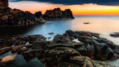 Rocky coast, Sunset Orange, Rock formations, Seascape, Ocean, Horizon, 5K