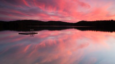 Mirror Lake, Pink sky, Silhouette, Reflection, Landscape, Scenery, Sunset