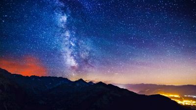 Milky Way, Starry sky, Astronomy, Night time, Outer space, Silhouette, Mountains, Landscape, Long exposure, Galaxy