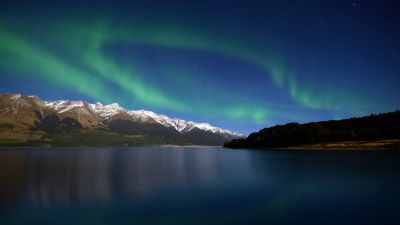 Lake Wakatipu, Aurora Borealis, New Zealand, Glacier mountains, Snow covered, Long exposure, Mountain range, Astronomy, Landscape, Scenery, Dawn, Night time