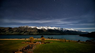 Lake Wakatipu, Night time, Queenstown, New Zealand, Glacier mountains, Mountain range, Snow covered, Astronomy, Starry sky, Landscape