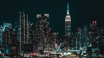 New York City, Starry sky, Cityscape, Night, City lights, Half moon