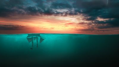 Ship, Moon, Upside down, Surreal, Cloudy Sky, Stars, Sunset Orange, Ocean, Blue Water