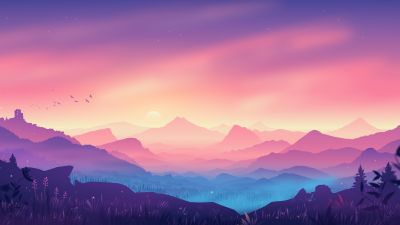 Valley, Landscape, Aesthetic, Mountains, Gradient background, Colorful background, Scenery, Layers, Panorama, 5K, Aesthetic