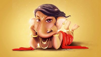 Lord Ganesha, Little Ganesha, Ganapati Bappa, Cute Ganesha, Yellow background, Hindu God