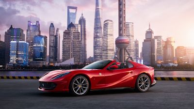 Ferrari 812 GTS, Shanghai, Red cars, Cityscape, Skyscrapers, 5K