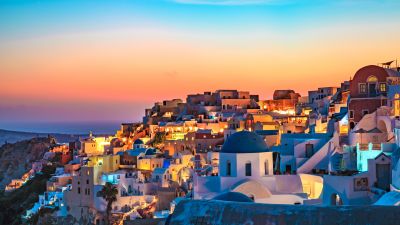 Oia, Santorini, Greece, Sunset, Panoramic, Colorful Sky, Blue Dome Buildings, Vibrant, 5K