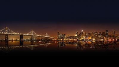 San Francisco-Oakland Bay Bridge, City Skyline, Cityscape, Night time, City lights, Body of Water, Reflection, Skyscrapers, 5K, 8K