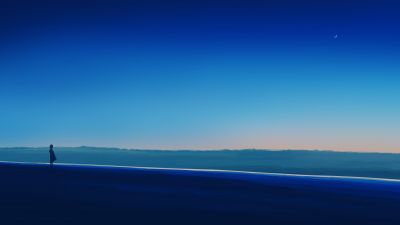 Alone, Mood, Lonely, Blue Sky, Horizon, Panoramic, Crescent Moon, 5K