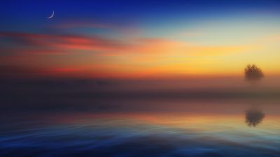 Horizon, Landscape, River, Morning fog, Crescent Moon, 5K