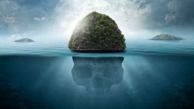 Skull, Island, Seascape, Tropical, Caribbean, Surreal, Blue, 5K