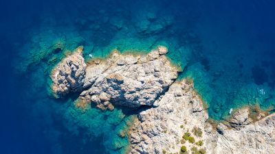 Rocky coast, Seashore, Blue Ocean, Aerial view, 5K