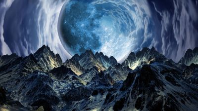 Surreal, Moon, Mountains, Landscape, Portal, Clouds