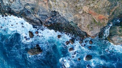 Rocky coast, Big Sur, Aerial view, Beach, Blue waves, Long exposure, 5K