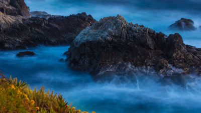 Rocky coast, Water waves, Big Sur, Beach, Long exposure, 5K