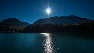 Sunny day, Daytime, Landscape, Sun rays, River, Mountains, 5K, 8K