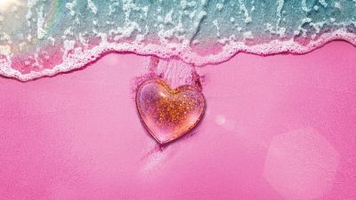 Love heart, Beach, Pink background, Pink Heart, Aerial view, Girly backgrounds