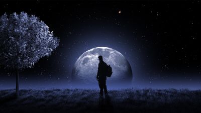 Moon, Surreal, Night sky, Stars, Moon light, Tree, Man