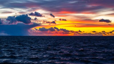 Sunset, Ocean view, Cloudy Sky, Dusk, Horizon, 5K, Seascape