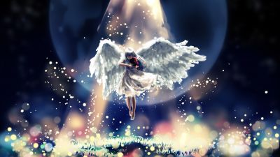 Girl playing Violin, Moon, Surreal, Bokeh, Digital illustration, Angel wings